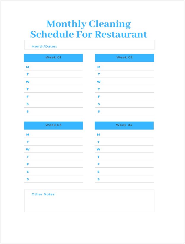 Monthly Cleaning Schedule For Restaurant