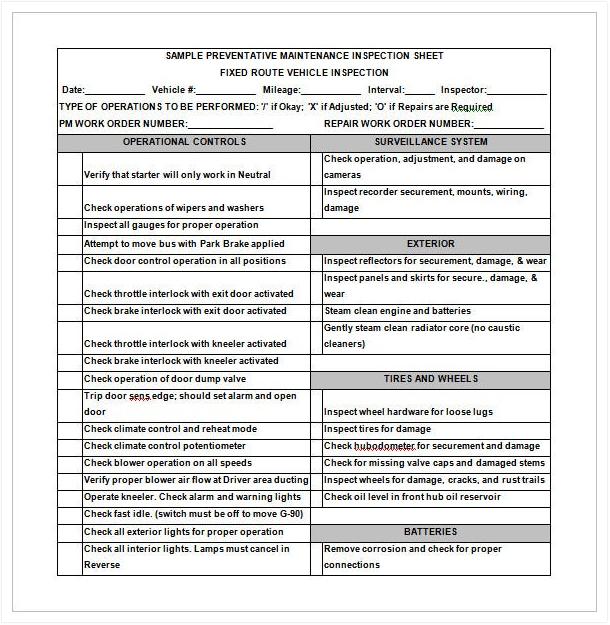 Preventative Maintenance Inspection Template Word