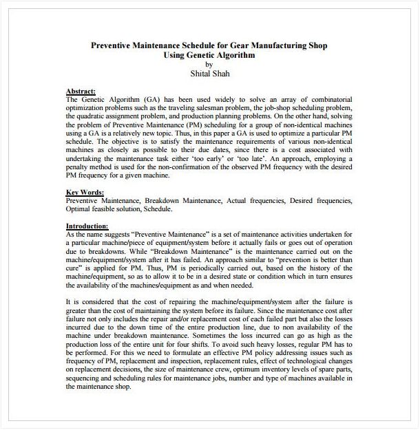 Preventive Maintenance Schedule for Gear Manufacturing Shop