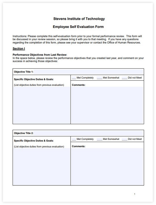 Printable Employee Self Evaluation Form Sample