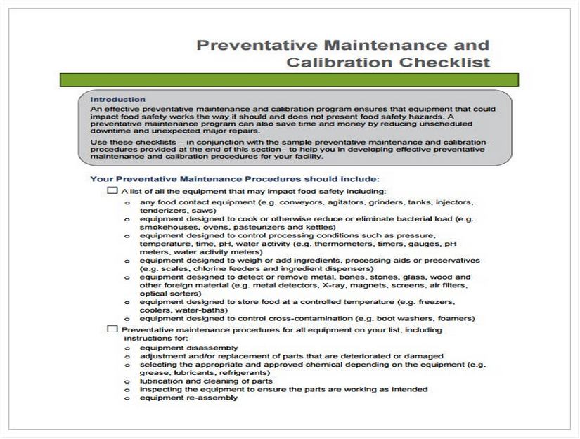 Printable Preventative Maintenance and Calibration Checklist