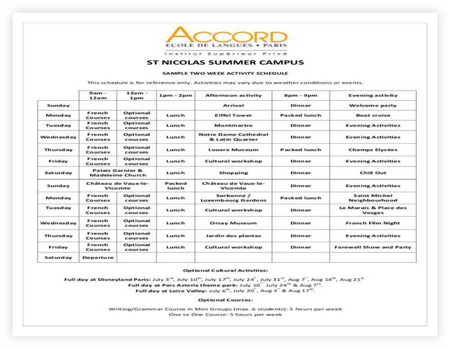 Sample Two Week Activity Schedule