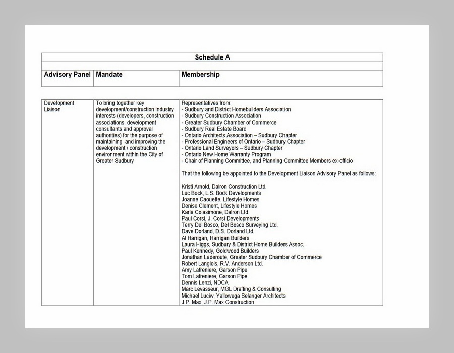 Schedule for Advisory Panel