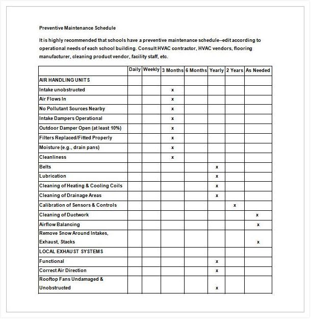 Season Preventive Maintenance Schedule Template