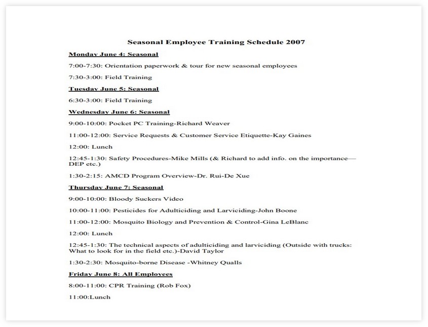 Seasonal Employee Training Schedule Template