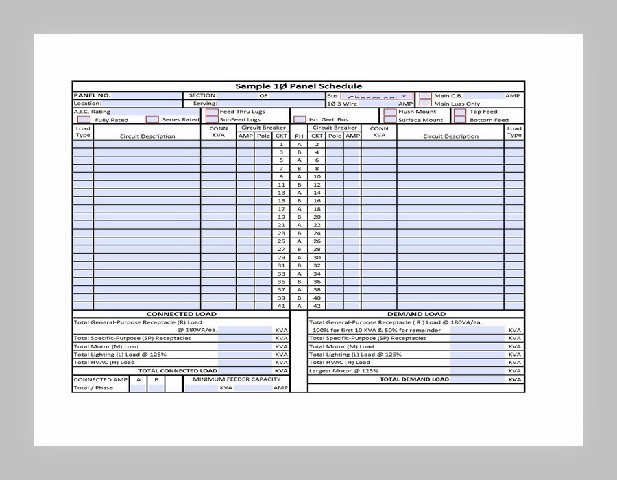 Single Phase Panel Schedule.