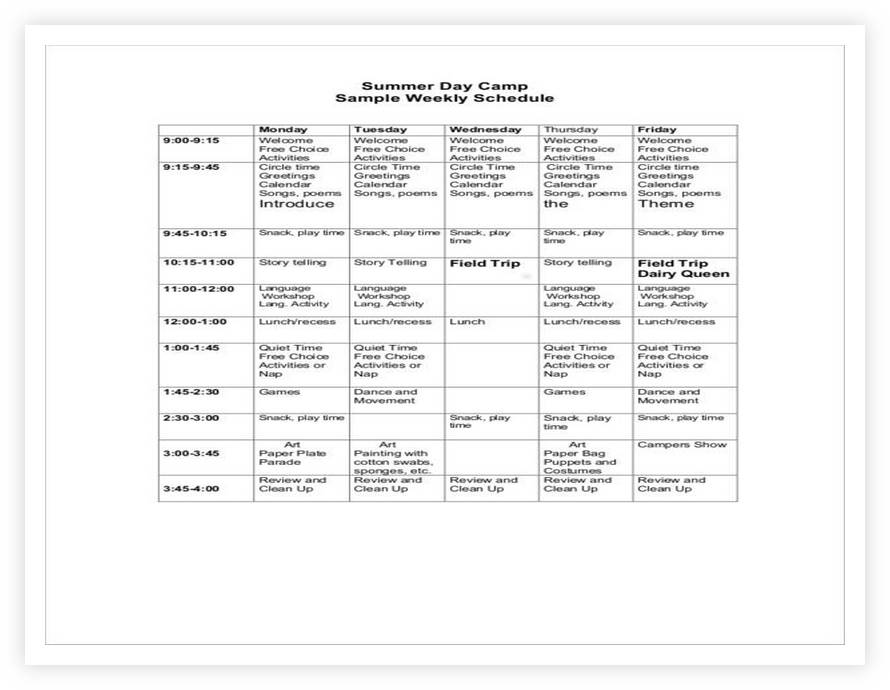 Summer Day Camp Sample Activity Schedule Template