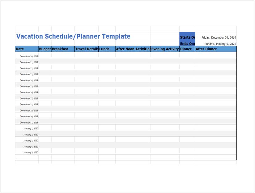 Vacation Schedule Template Excel