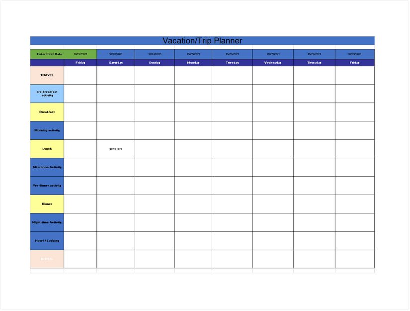 Vacation Trip Planning Schedule Template