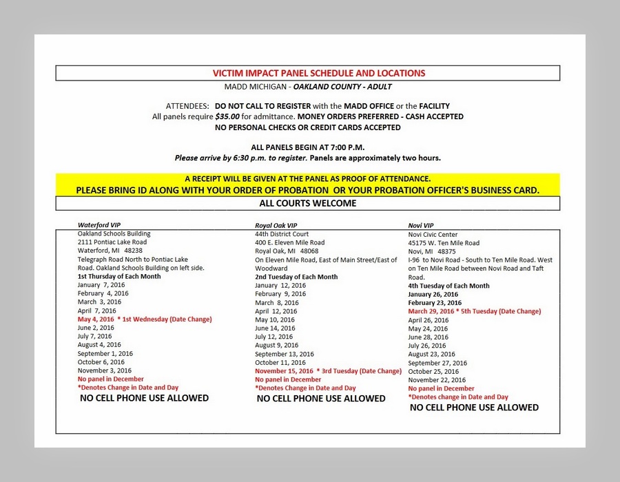 Victim Panel Schedule