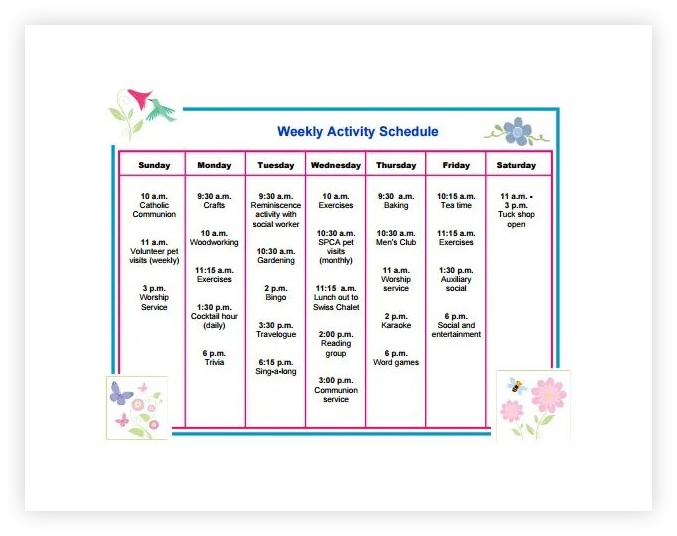 Weekly Activity Schedule Template PDF