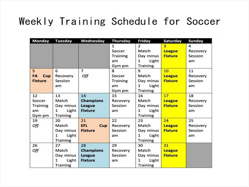 Weekly training schedule for soccer