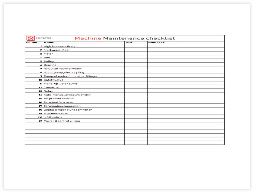 Machine Maintenance Checklist Schedule