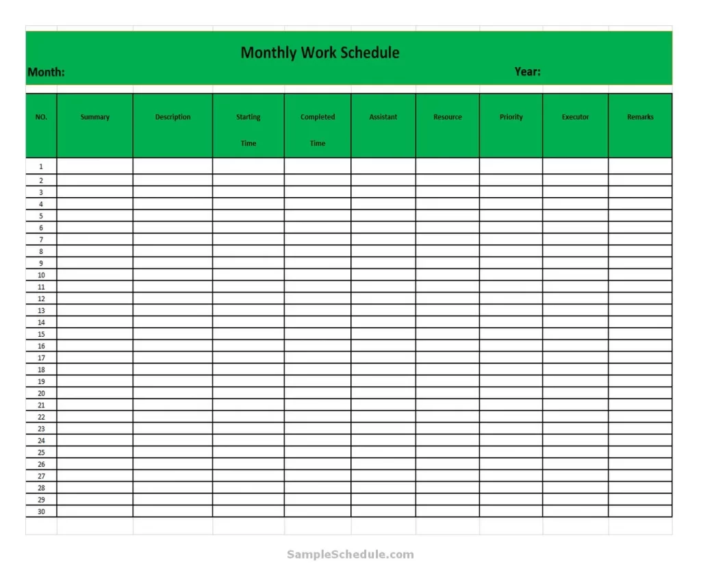 Excel Work Schedule Template Monthly