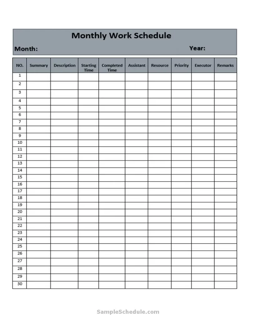 Monthly Work Schedule Template 01