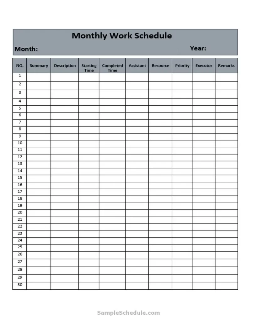 23+ Free Monthly Work Schedule Template - sample schedule