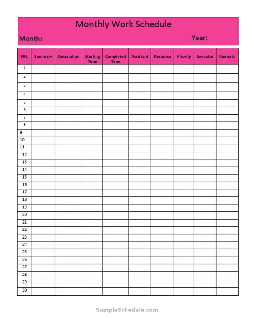 Monthly Work Schedule Template 02