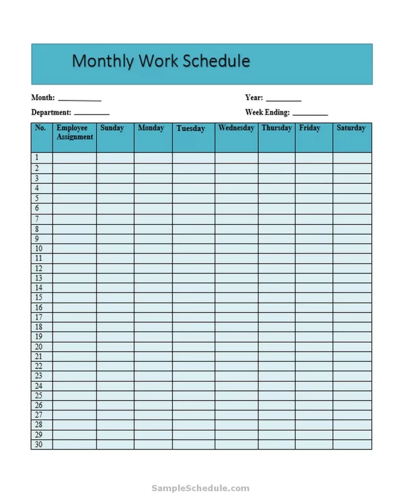 23+ Free Monthly Work Schedule Template - sample schedule