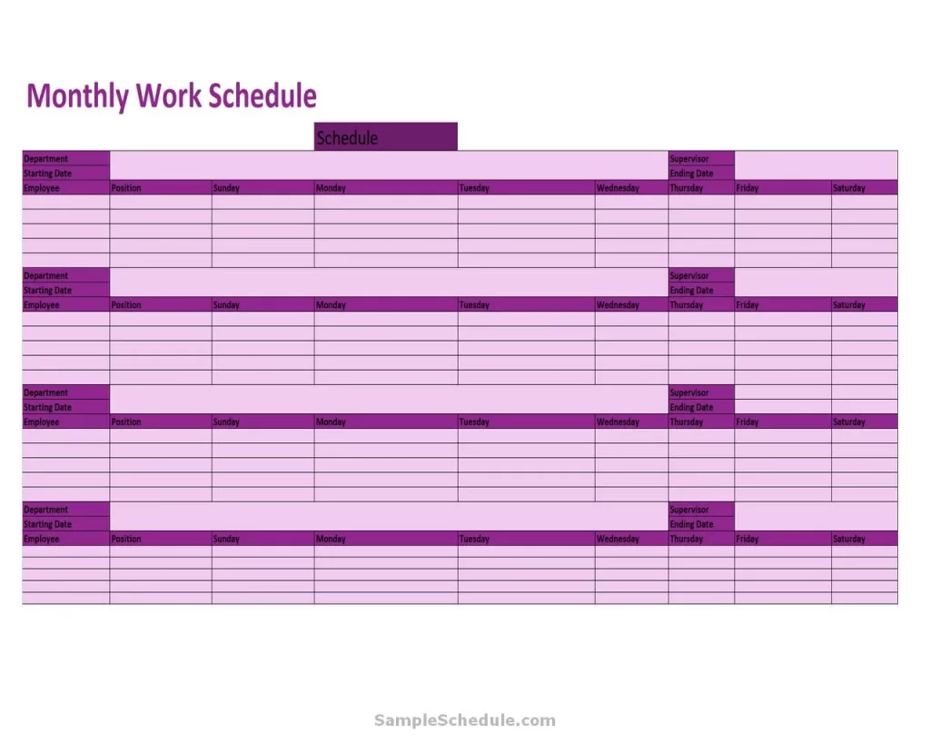 23+ Free Monthly Work Schedule Template - sample schedule