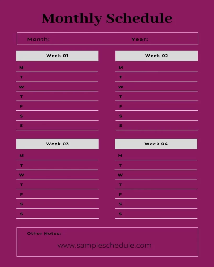 Monthly Work Schedule Template 16