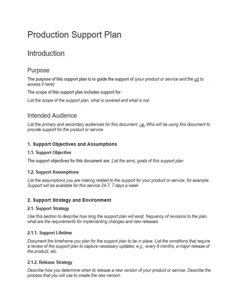 Production Support Plan Template