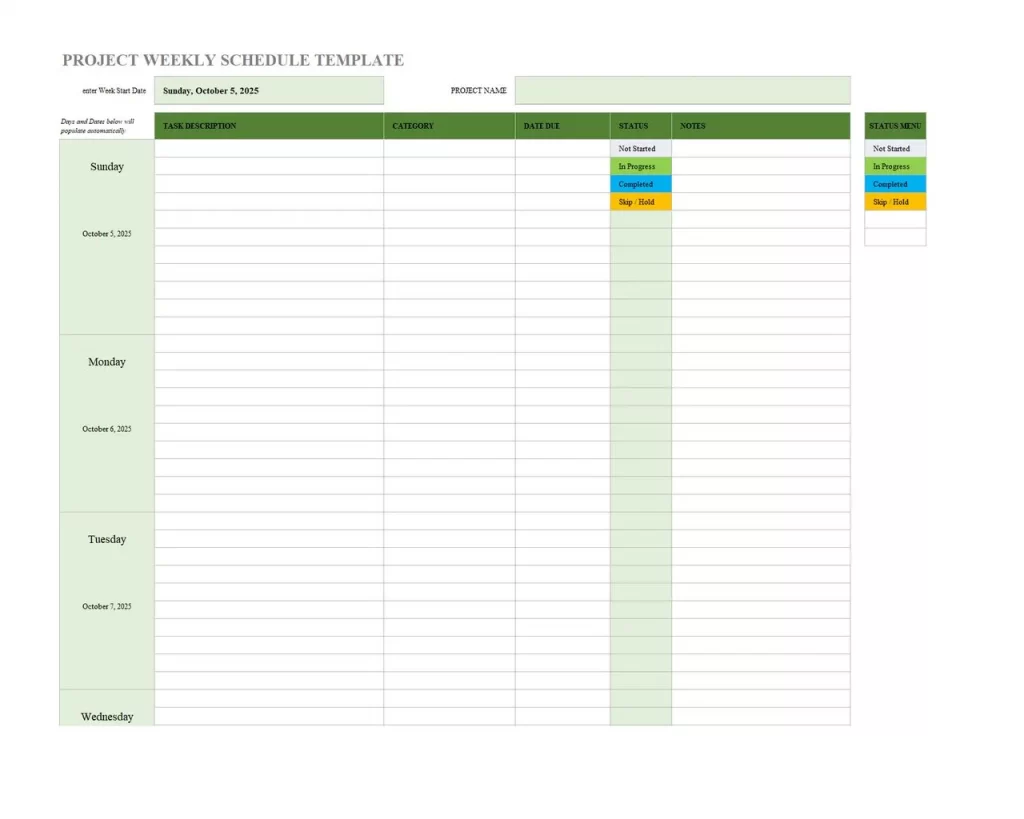 Project Weekly Schedule Template