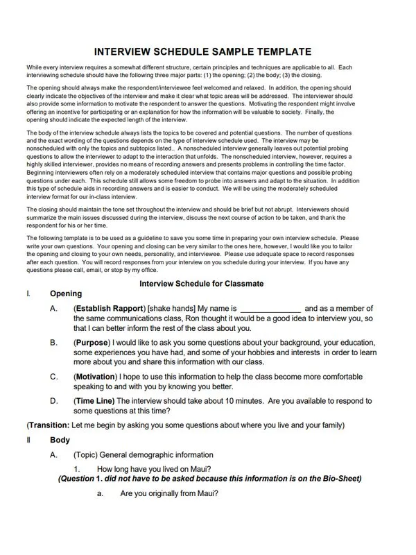 Classmate Interview Schedule Template