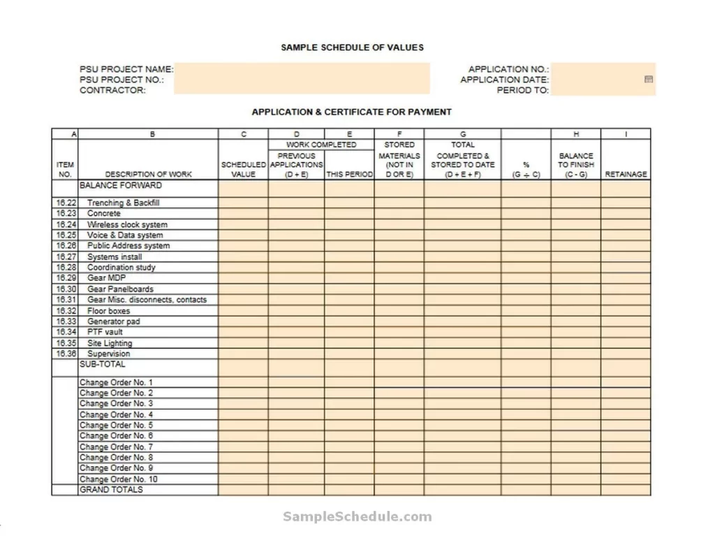 Schedule Of Values Template 07