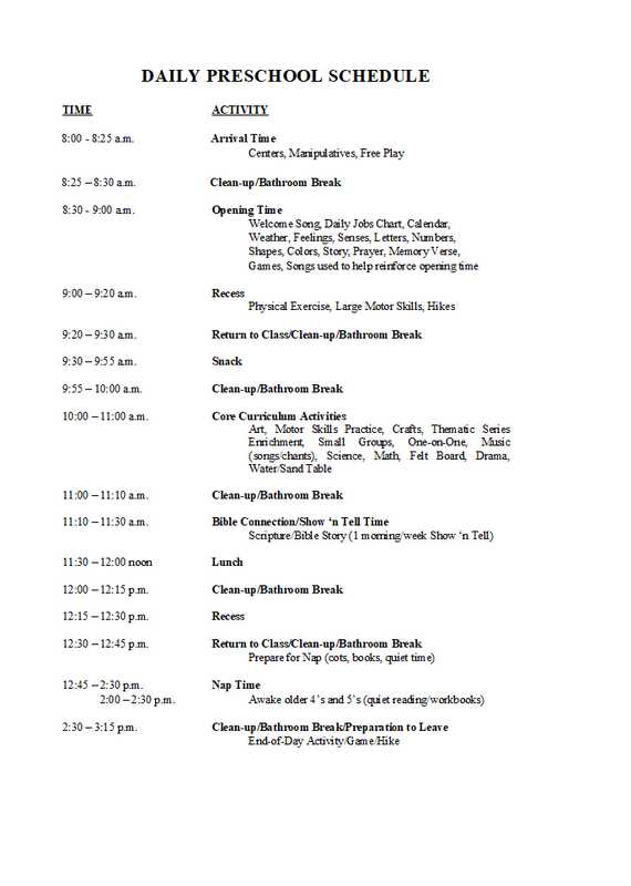 Daily Preschool Schedule Template