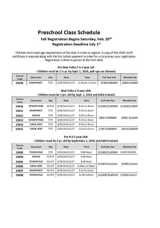 Preschool Class Schedule Template