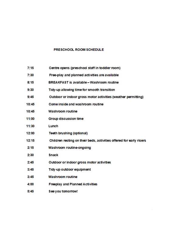 Preschool Classroom Daily Schedule Template