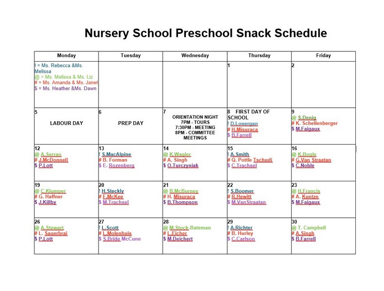 Preschool Snack Schedule Template