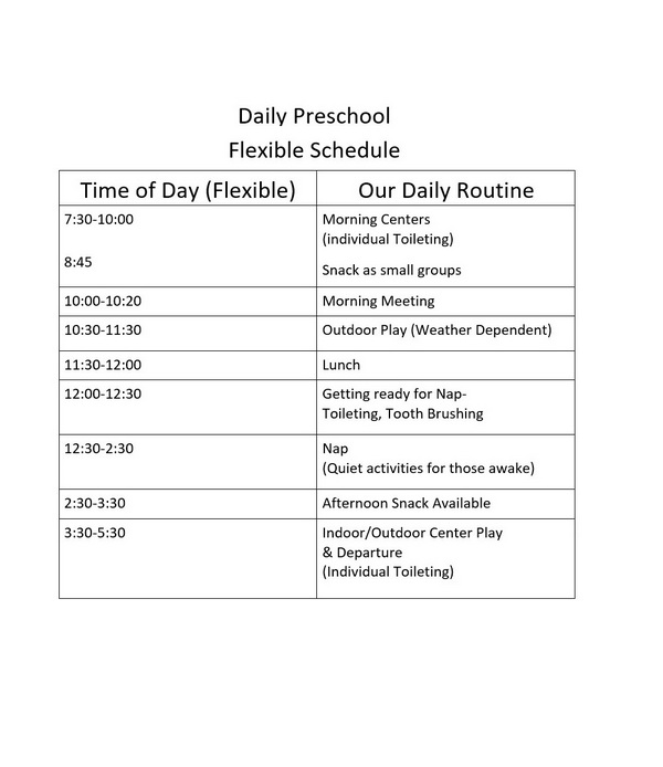 Printable Daily Preschool Schedule Template