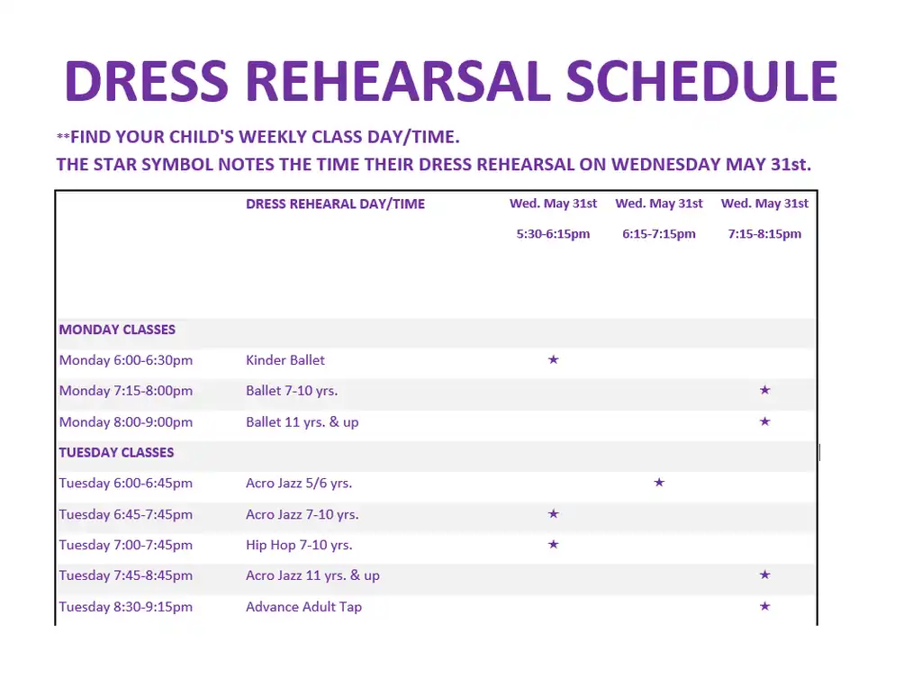 Dress Rehearsal Schedule