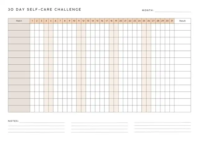 30 day self care challenge template A4 Document