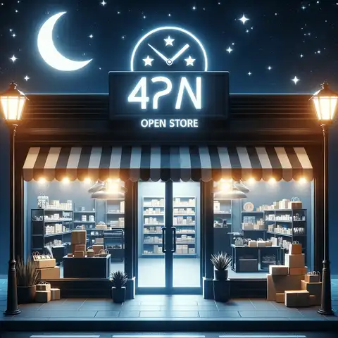 8-Hour Shift Schedule For 7 Days A Week - A 24 7 open store with lights on at night, symbolizing continuous operation