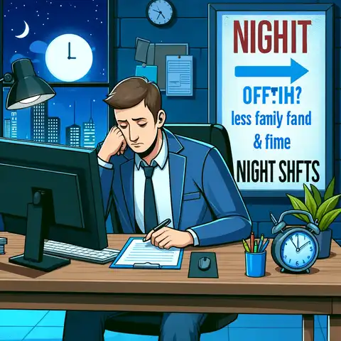 8-Hour Shift Schedule For 7 Days A Week - A tired employee sitting at a desk at night, depicting the challenge of less family and fun time due to night shifts