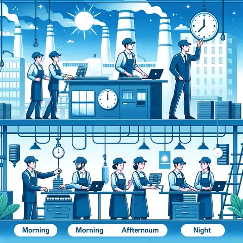 8-Hour Shift Schedule For 7 Days A Week - Employees working in shifts at a factory, showing a team relay of morning, afternoon, and night shifts