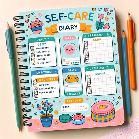 30-day self-care challenge - A printable self care diary worksheet with sections for daily tracking of activities and feelings, designed in a fun and colorful style