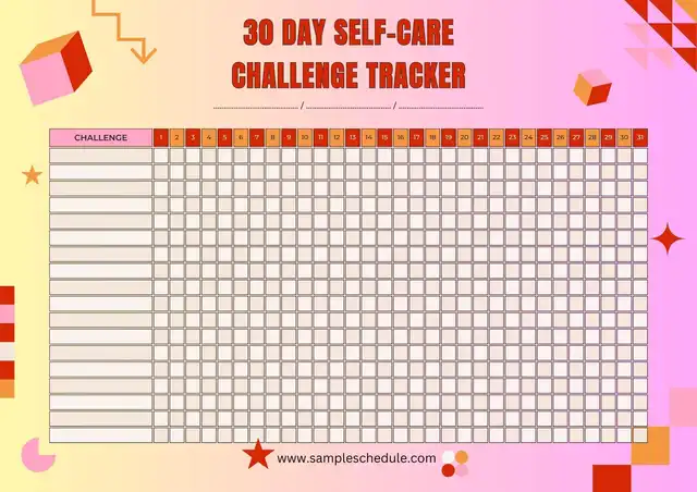 Colorful 30 day self care challenge tacker activity worksheet