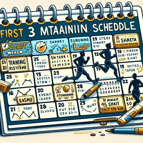 Marathon Training Schedule 1 Year The first three months of a year long marathon training schedule. It shows a calendar with notes for short runs