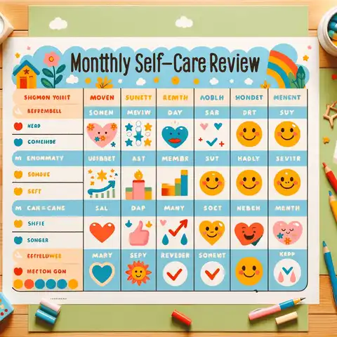 30-day self-care challenge - Monthly self care review chart, showing a summary of various activities done over the month with colorful illustrations