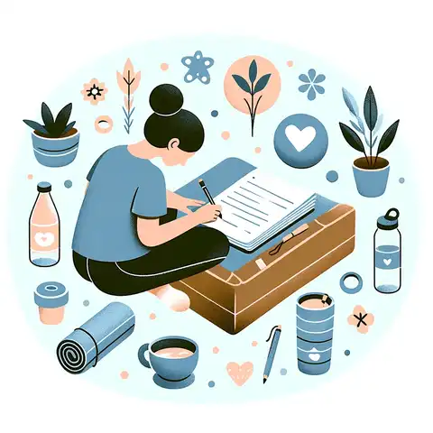 30-day self-care challenge - Person writing in a self care journal, surrounded by symbols of well being like a water bottle, a yoga mat, and a plant