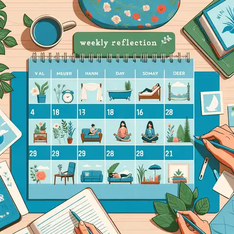 30-day self-care challenge - Weekly reflection in self care, showing a calendar with highlighted activities and notes, along with images of relaxing