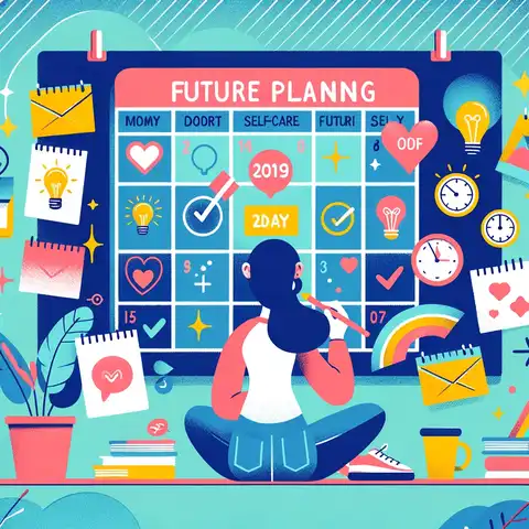 30-day self-care challenge - future planning session for self care activities with a calendar and a vision board.